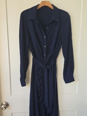 Navy Button-Front Shirt Dress with Waist Tie
